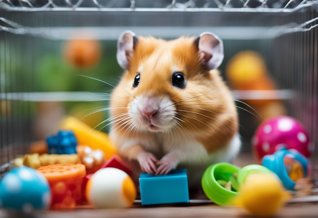 A hamster sits alone in a cage, surrounded by toys and treats. Its tiny face looks downcast