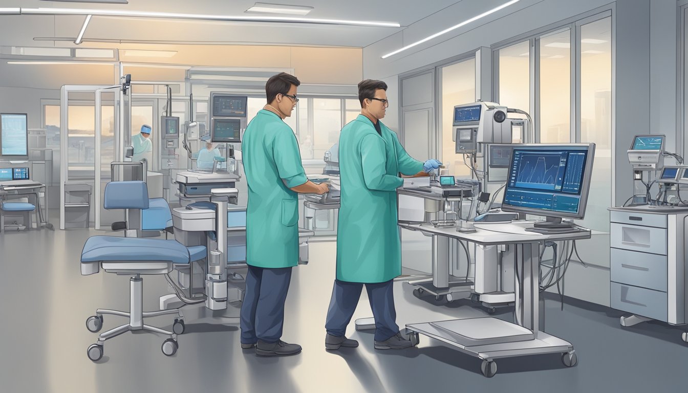 A cardiology technologist operates medical equipment in a hospital setting, monitoring heart conditions and assisting in diagnostic procedures