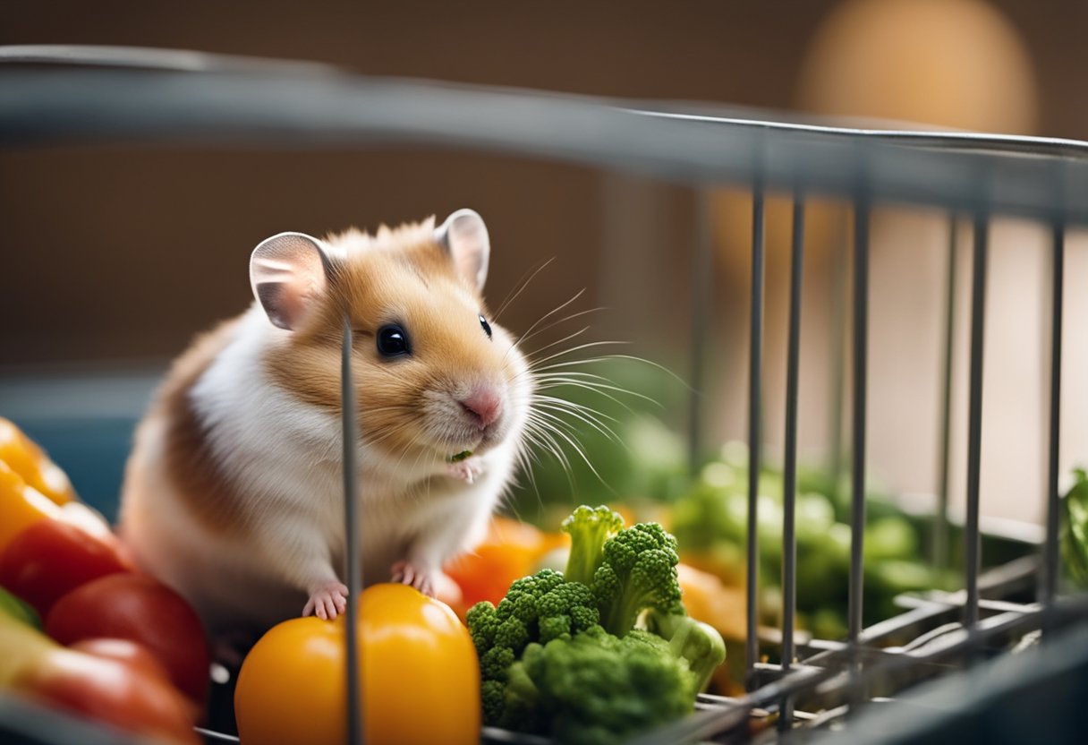 A small hamster sits in a cage, looking downcast. Nearby, a colorful wheel and a pile of fresh vegetables await