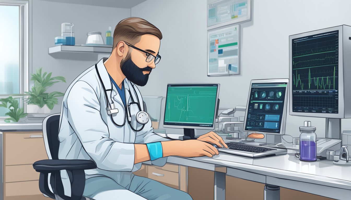 A cardiology technologist preparing equipment for a heart monitoring test in a hospital room