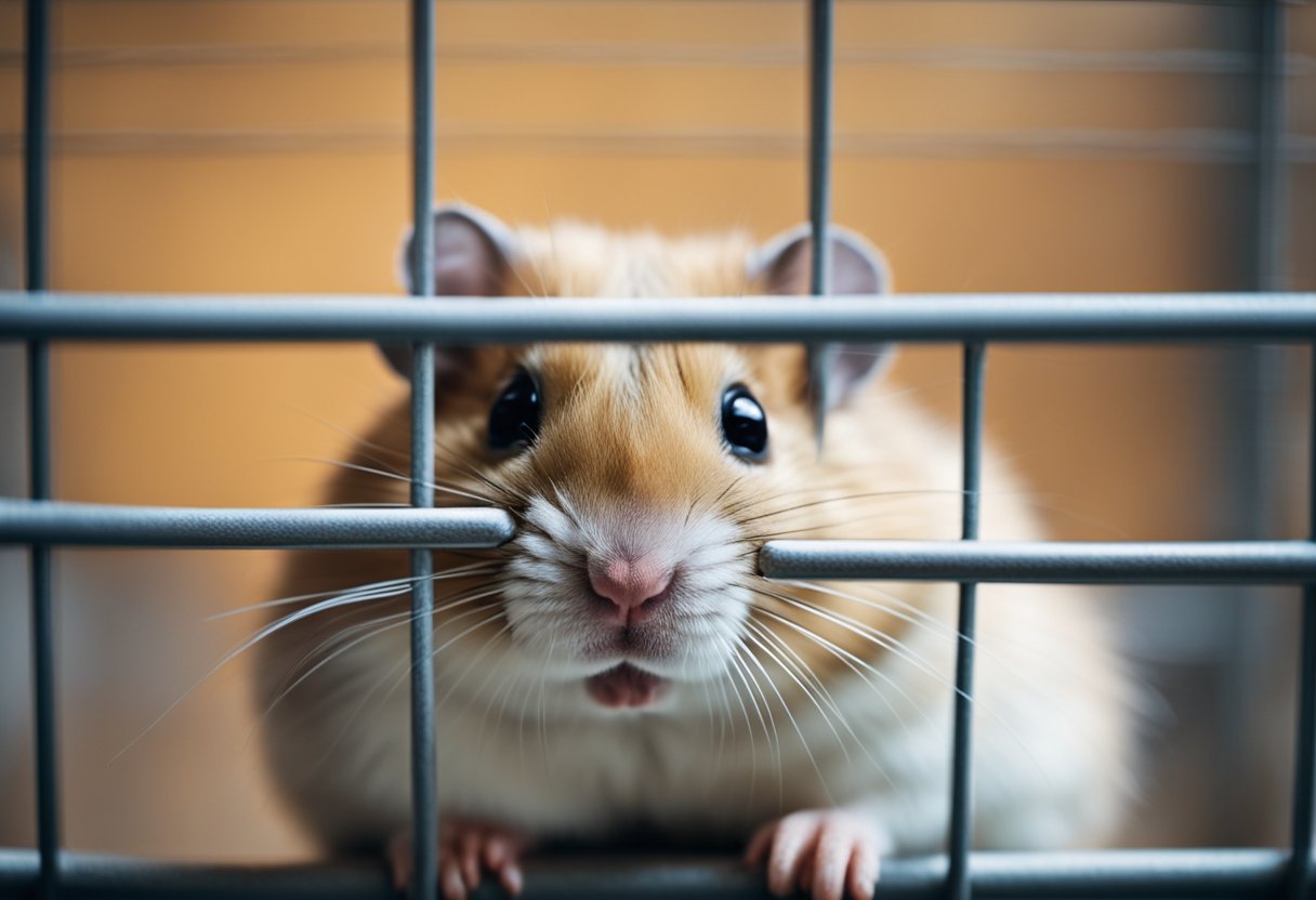 A hamster sits in a cage, its ears drooping and eyes downcast. Its body language suggests a sense of dejection or sadness