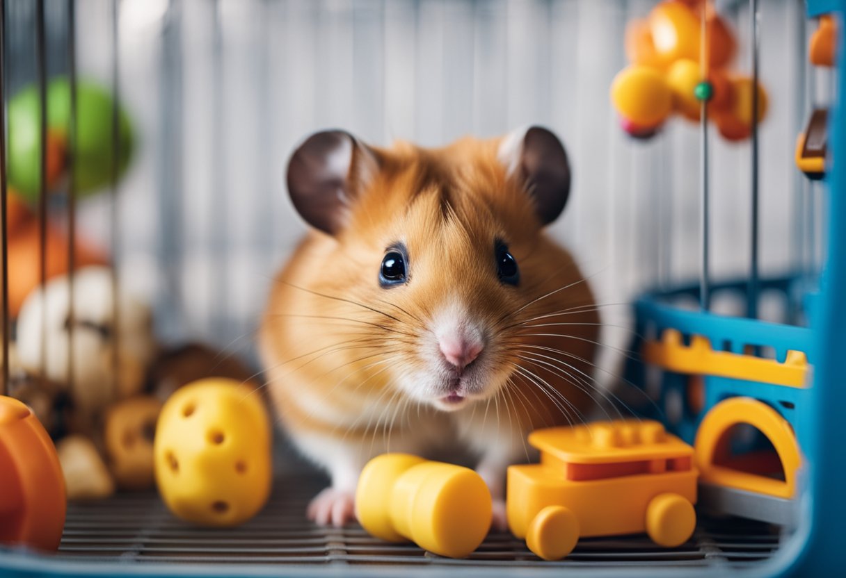 A hamster sits in a cage, surrounded by toys and food. Its body language suggests sadness, with drooping ears and a hunched posture