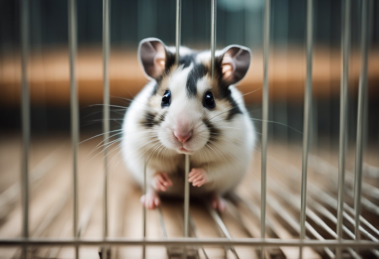 A hamster sitting alone in a cage, with drooping ears and a pensive expression on its face