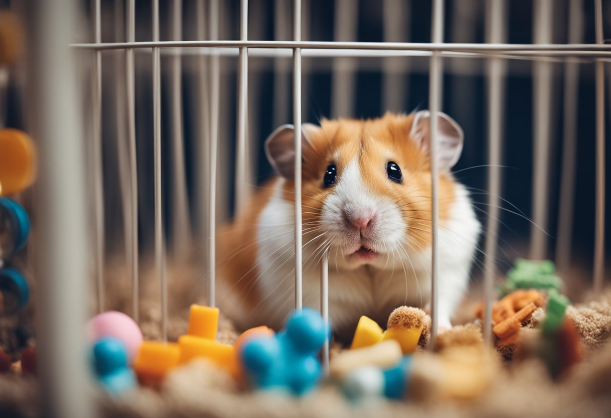 A hamster sits in a cozy cage, surrounded by toys and bedding. Its tiny paws rest on the bars as it looks out with a pensive expression