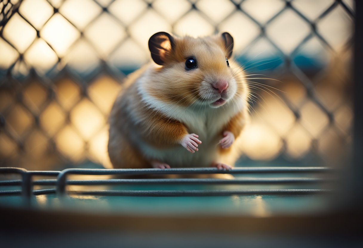A small hamster sits alone in its cage, hunched over with droopy ears and a lackluster gaze. Its food bowl remains untouched, and it shows little interest in its surroundings