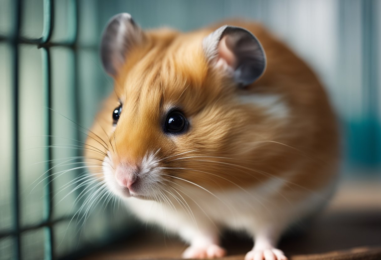 A hamster sits in a corner of its cage, with drooping ears and a hunched posture. Its eyes appear dull and it shows little interest in its surroundings
