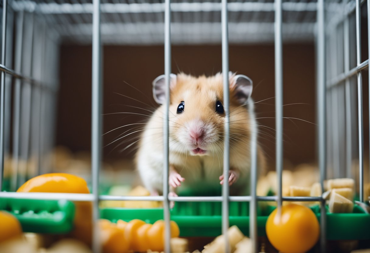 A small hamster sits in a cage, hunched over with droopy eyes and a lack of energy, surrounded by untouched food and toys