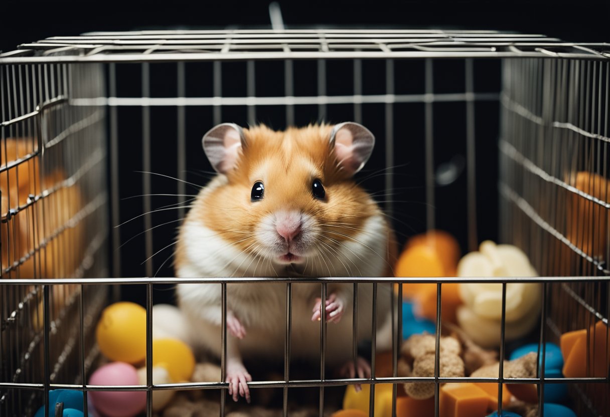A hamster sits in a dimly lit cage, hunched over with droopy eyes and a slumped posture, surrounded by untouched food and toys