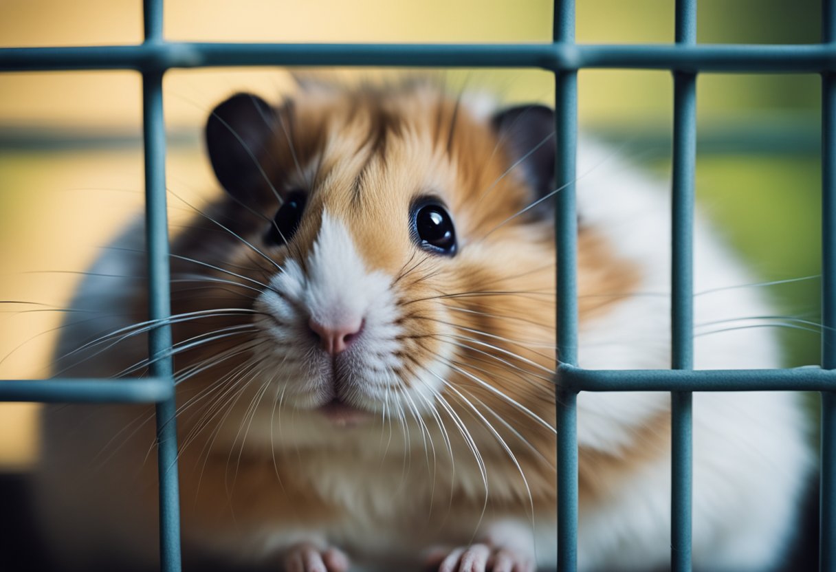 A hamster sits in a cage, hunched over with drooping whiskers and a puffed-up fur, avoiding eye contact with a listless expression