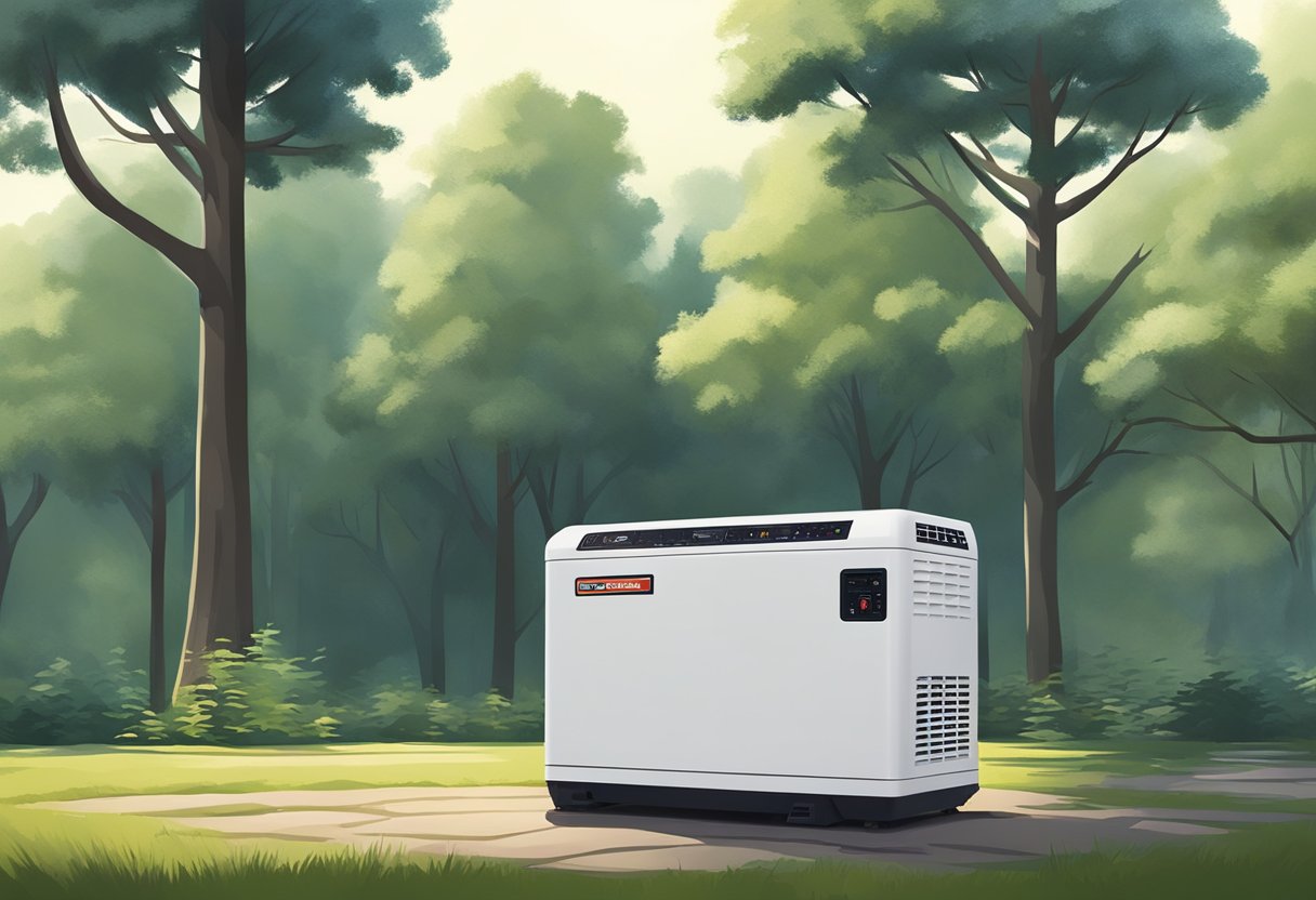A quiet generator sits in a peaceful outdoor setting, surrounded by trees and nature. It is compact and budget-friendly, emitting minimal noise