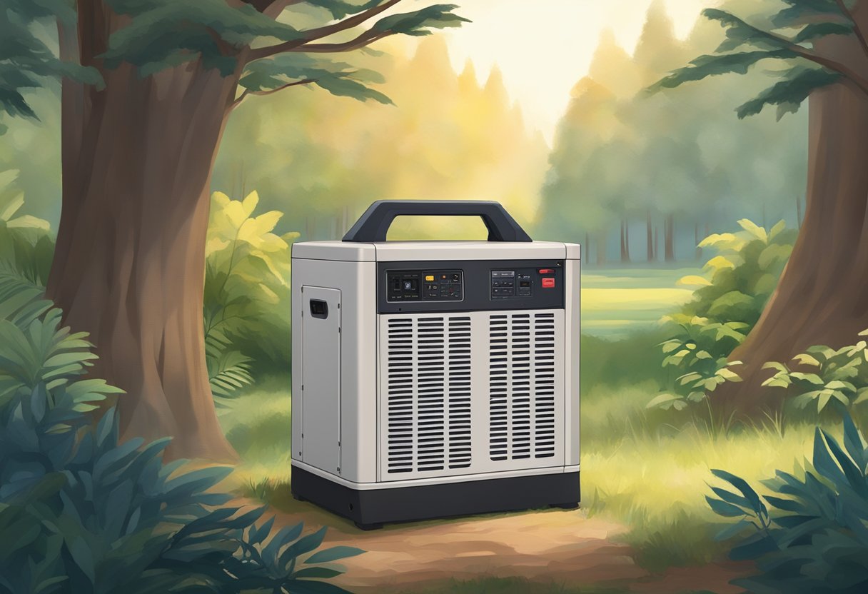 A quiet generator sits in a peaceful outdoor setting, surrounded by trees and nature. It hums softly, emitting no disruptive noise