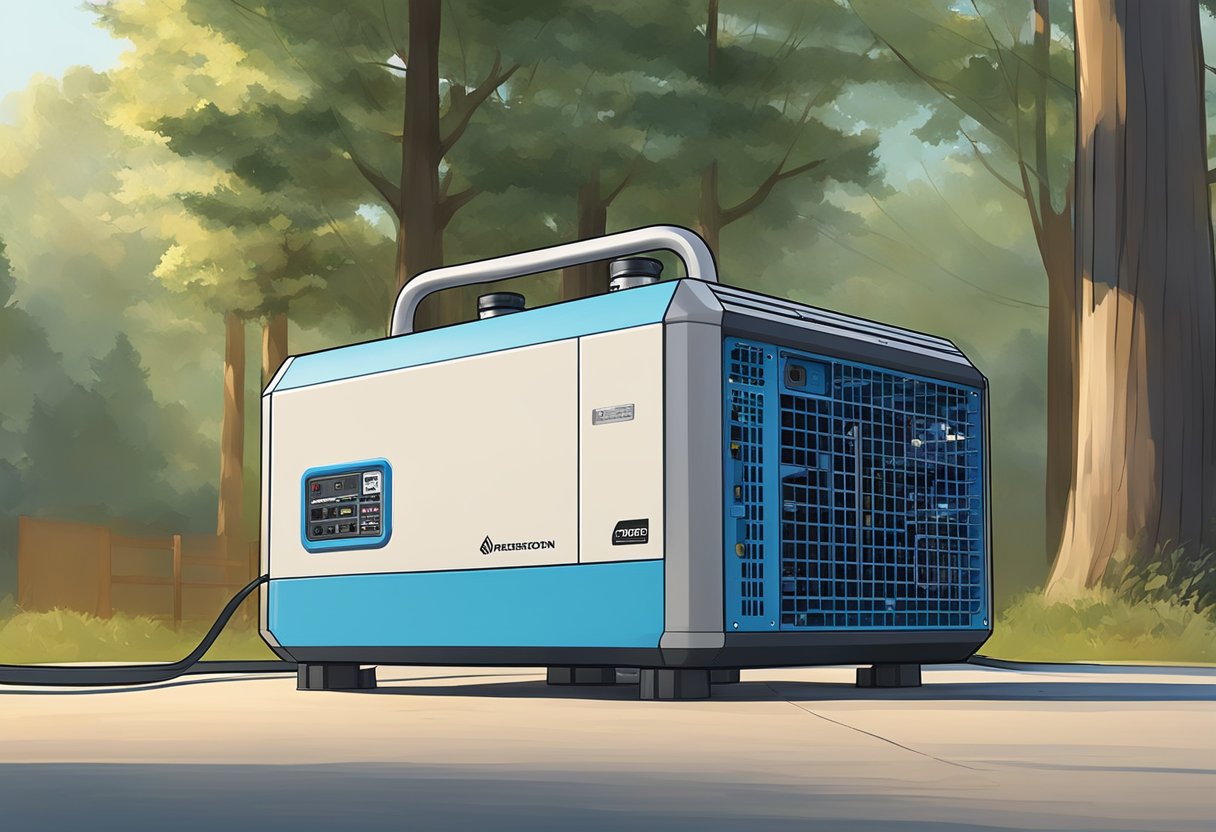 A quiet generator sits in a peaceful outdoor setting, surrounded by trees and with a clear blue sky overhead. Its compact size and sleek design make it an affordable and efficient power solution