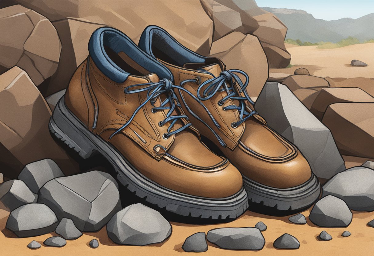 A worn leather shoe next to a pile of rocks, showing durability