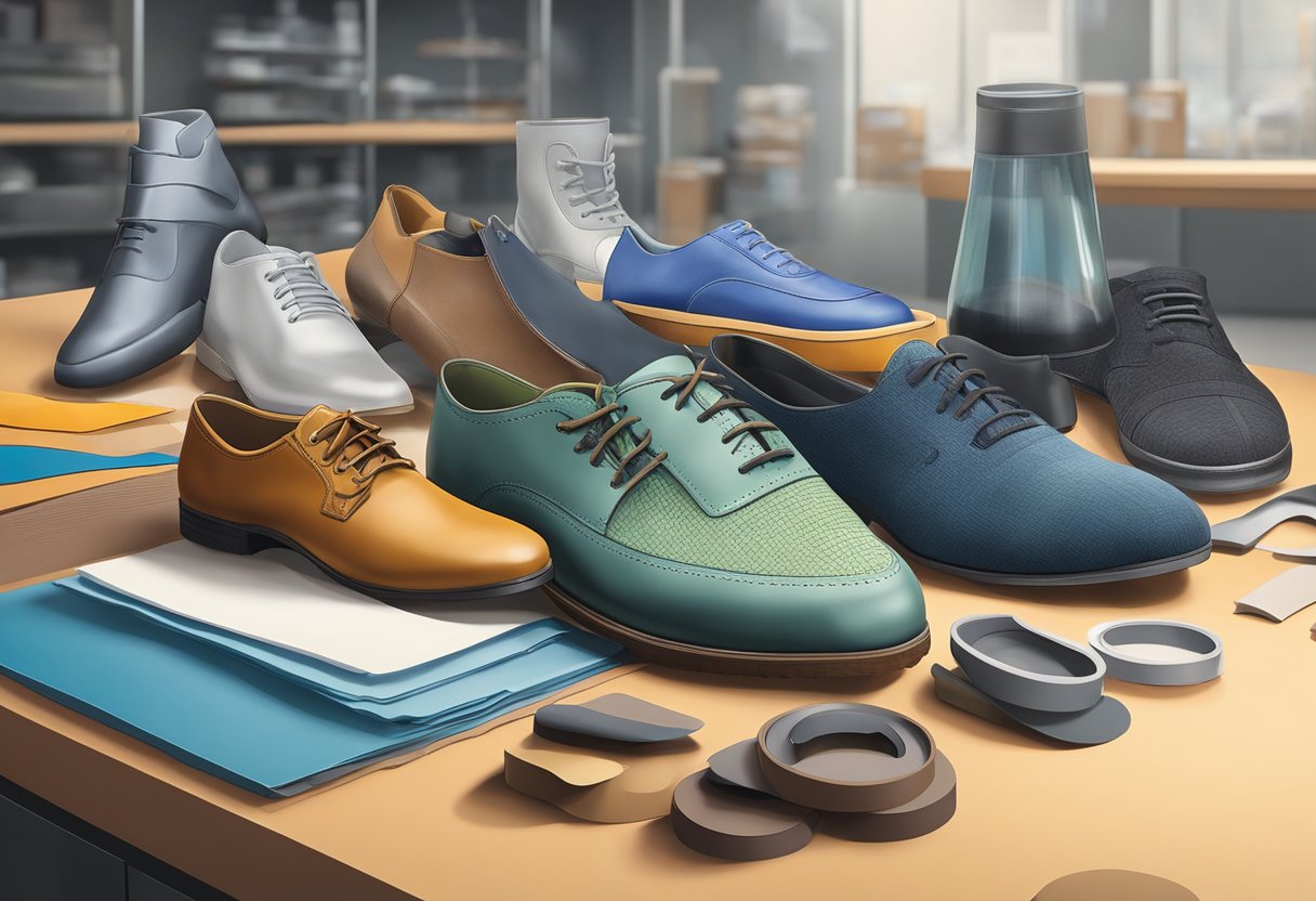 A variety of shoe materials, such as rubber, leather, and synthetic fabrics, are displayed on a laboratory table, showcasing their durability and advanced technology