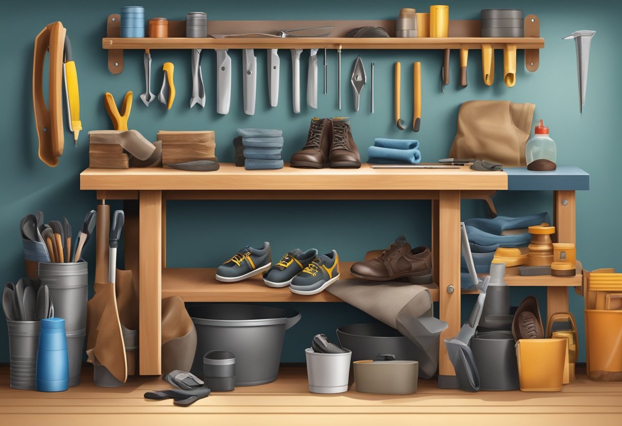 A sturdy workbench holds various durable shoe materials: leather, rubber, and synthetic fabrics. Tools for cleaning and preserving are neatly organized nearby