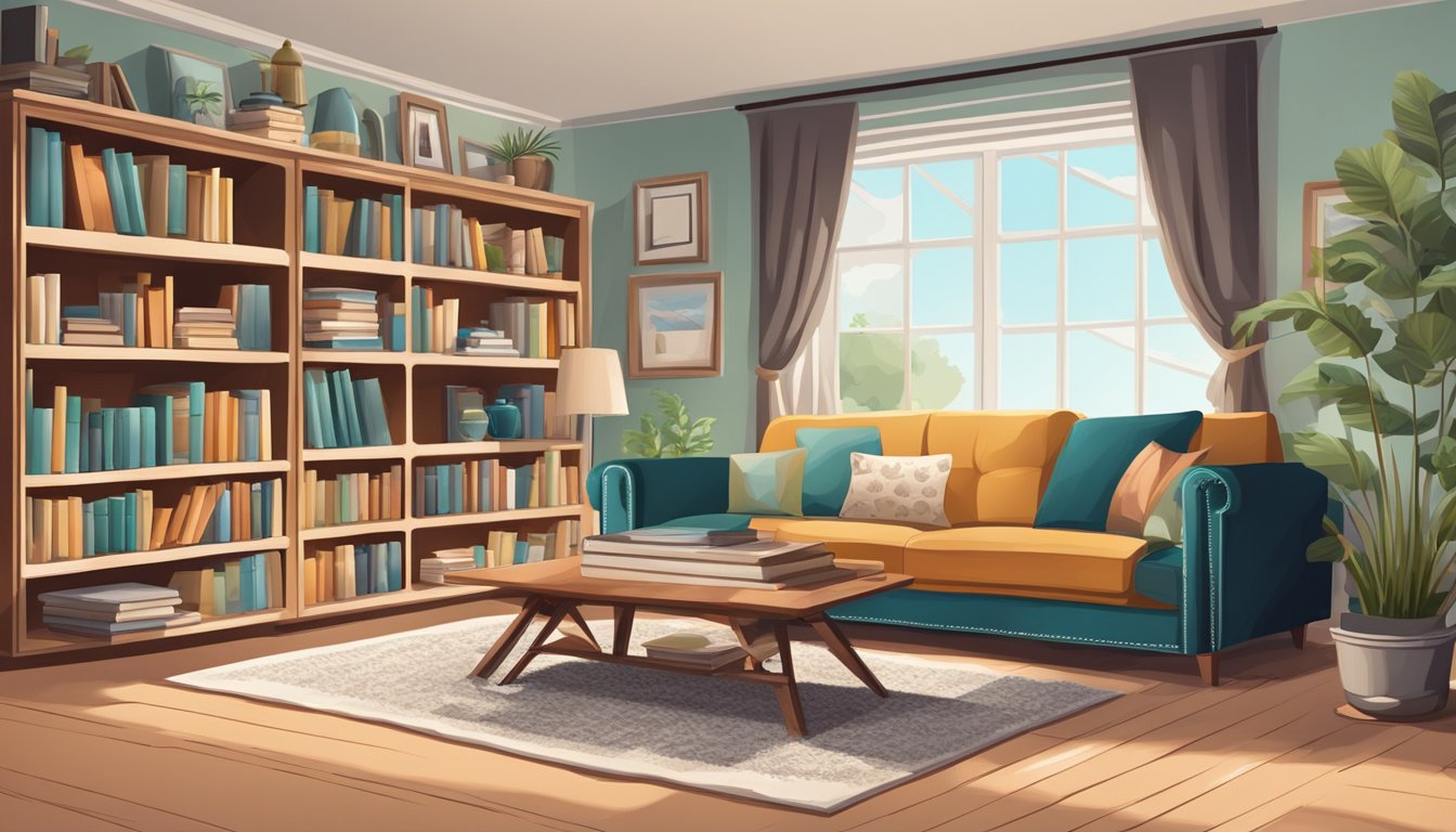A room with a large, comfortable sofa, a wooden coffee table, and a bookshelf filled with books and decorative items