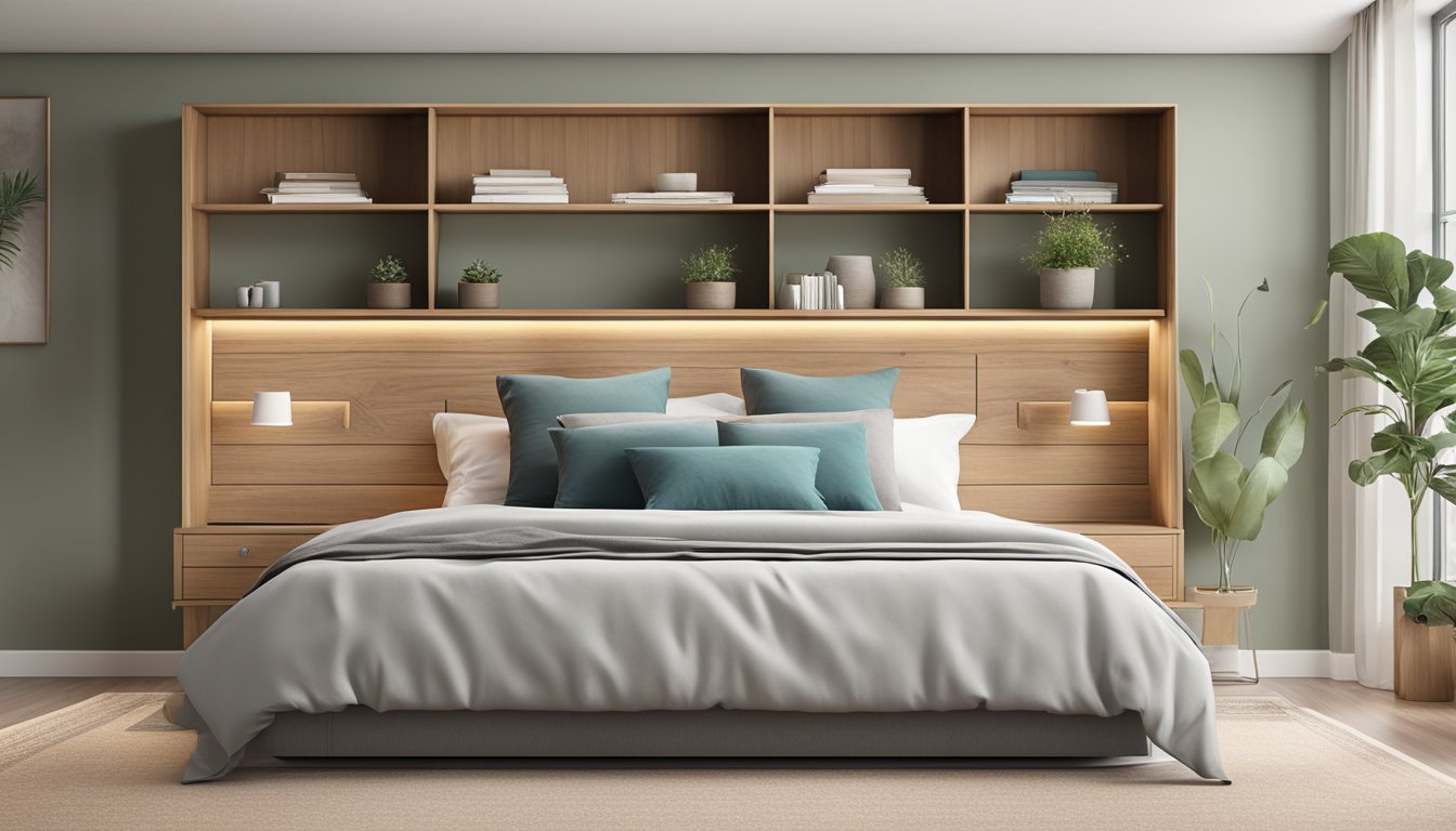 A wooden headboard with built-in storage compartments against a neutral-colored wall
