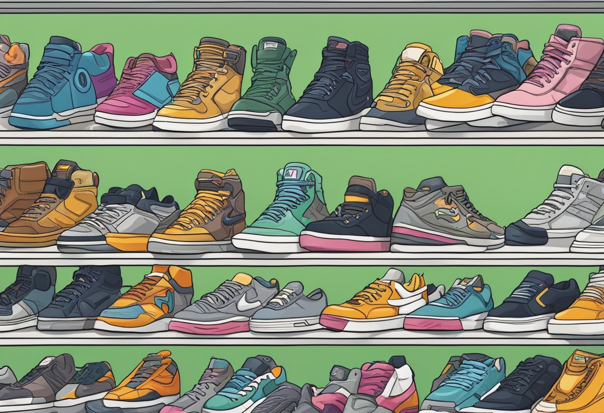 A crowded sneaker convention with shelves of rare shoes and collectors discussing insider tips