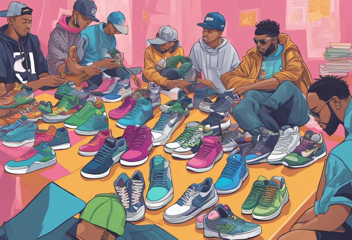 Sneakerheads gather, swapping tips on rare finds. A vibrant marketplace buzzes with excitement as collectors share insider knowledge on limited edition shoes