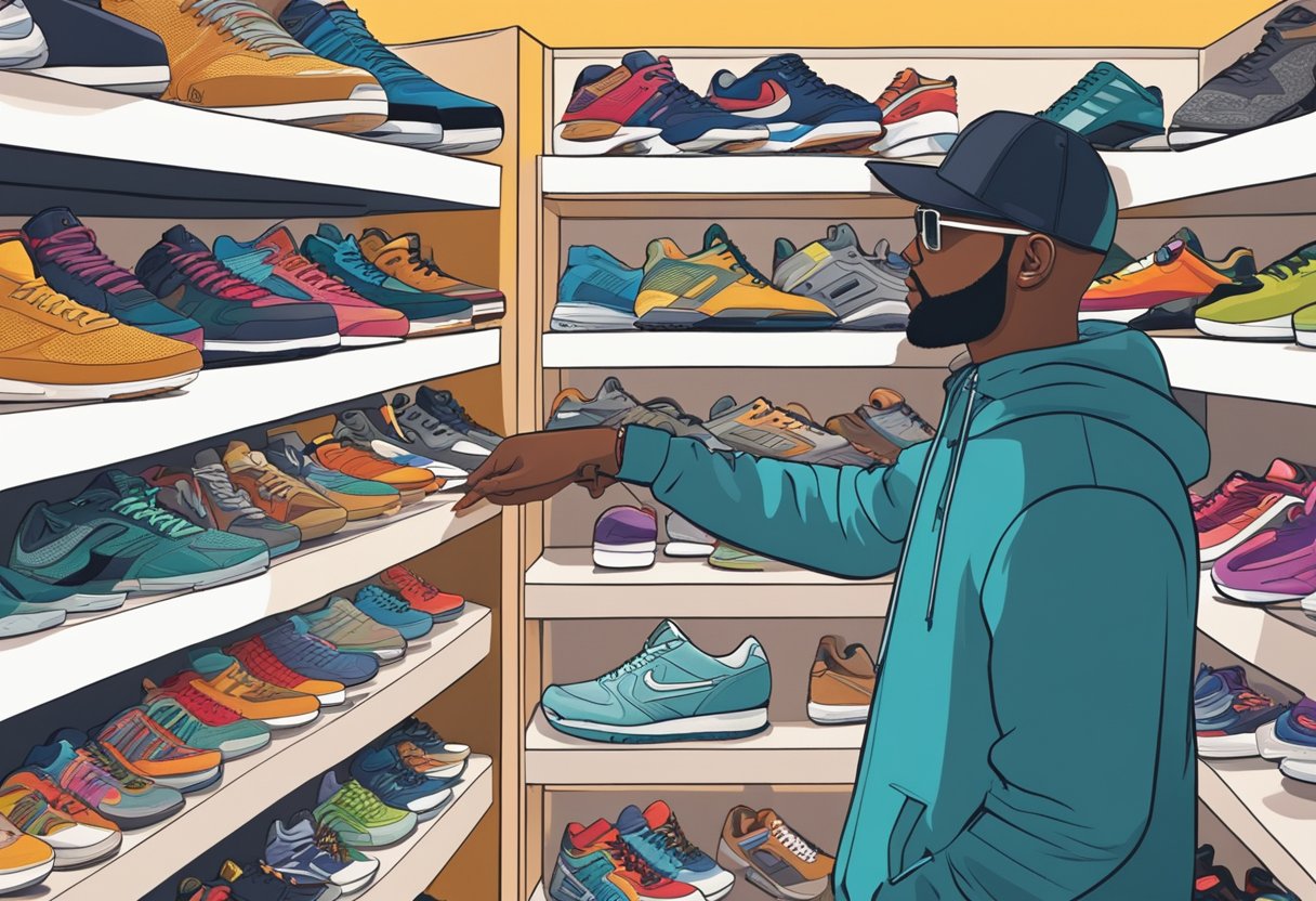 A sneakerhead carefully scanning through shelves of shoes, examining each pair for rare and limited edition finds. Display cases showcase coveted sneakers, while a crowd of enthusiasts eagerly discuss insider tips for acquiring these sought-after kicks