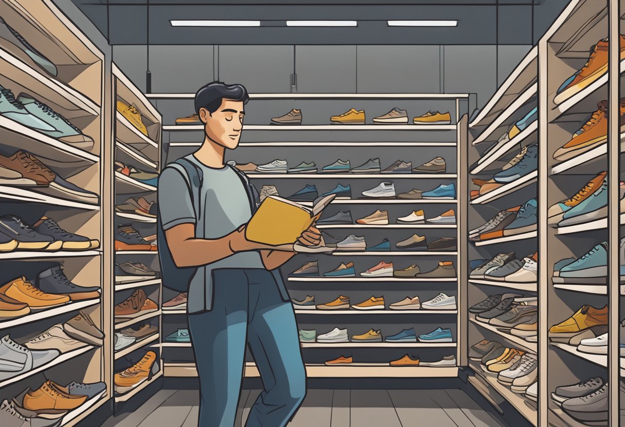 A shoe enthusiast carefully examines shelves, scanning for rare and limited edition shoes. A mix of excitement and determination is evident in their focused expression