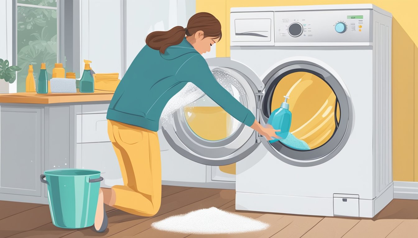 A person pouring white vinegar and baking soda into a washing machine, scrubbing the interior, and wiping the exterior with a cloth