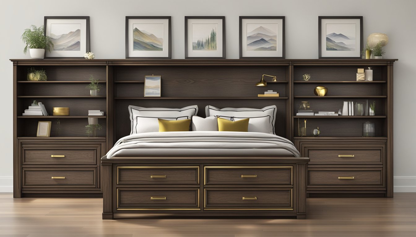A wooden headboard with built-in shelves and drawers, made of dark-stained oak and brass hardware