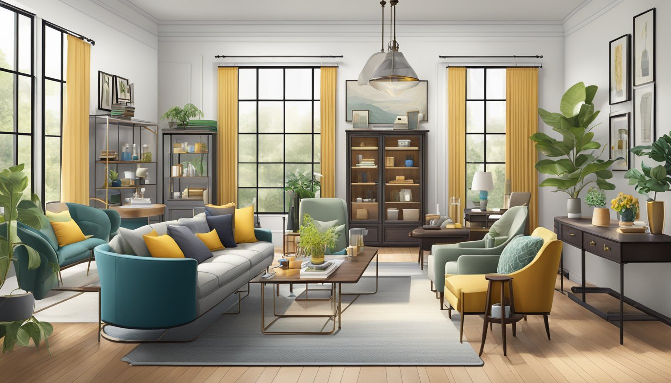 A room filled with diverse furniture styles and designs, including chairs, tables, sofas, and cabinets, arranged in an organized and visually appealing manner