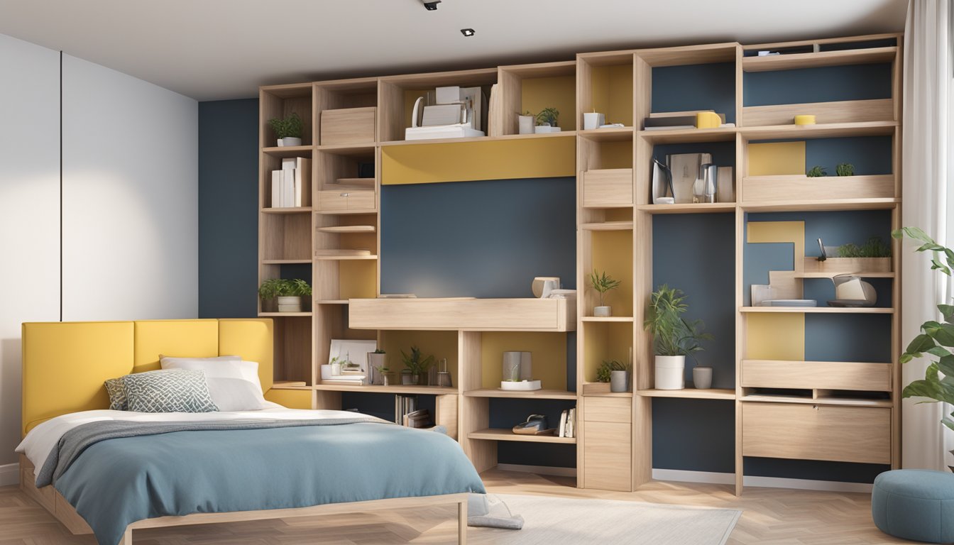 A headboard with storage is being assembled, with shelves and compartments being attached to the frame. The functionality of the storage is highlighted as it is being put together
