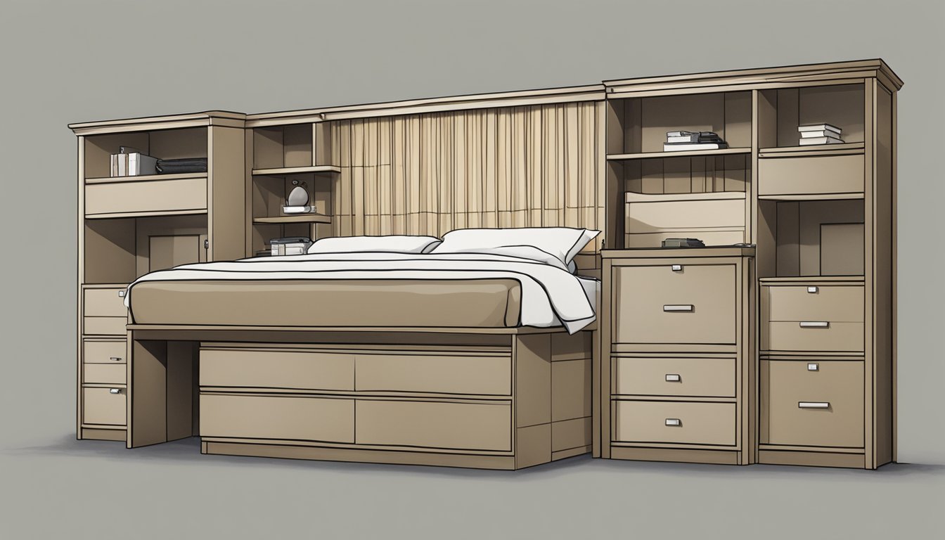 A bed with a headboard featuring built-in storage compartments