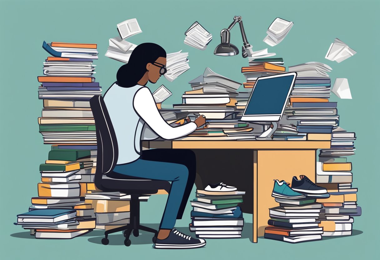 A person sitting at a desk surrounded by stacks of shoe magazines, books, and websites, taking notes and using a computer to research and stay updated on the latest trends in shoe collecting