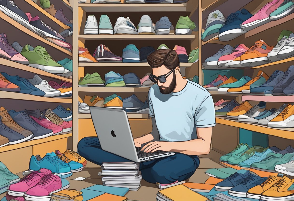 A person browsing through online articles and forums, surrounded by stacks of shoe magazines and a laptop open to a shoe collecting website