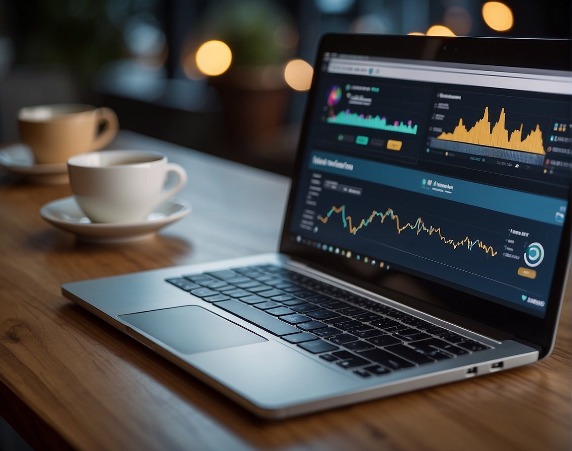 A laptop on a desk with a website being designed, social media icons, and a graph showing online growth