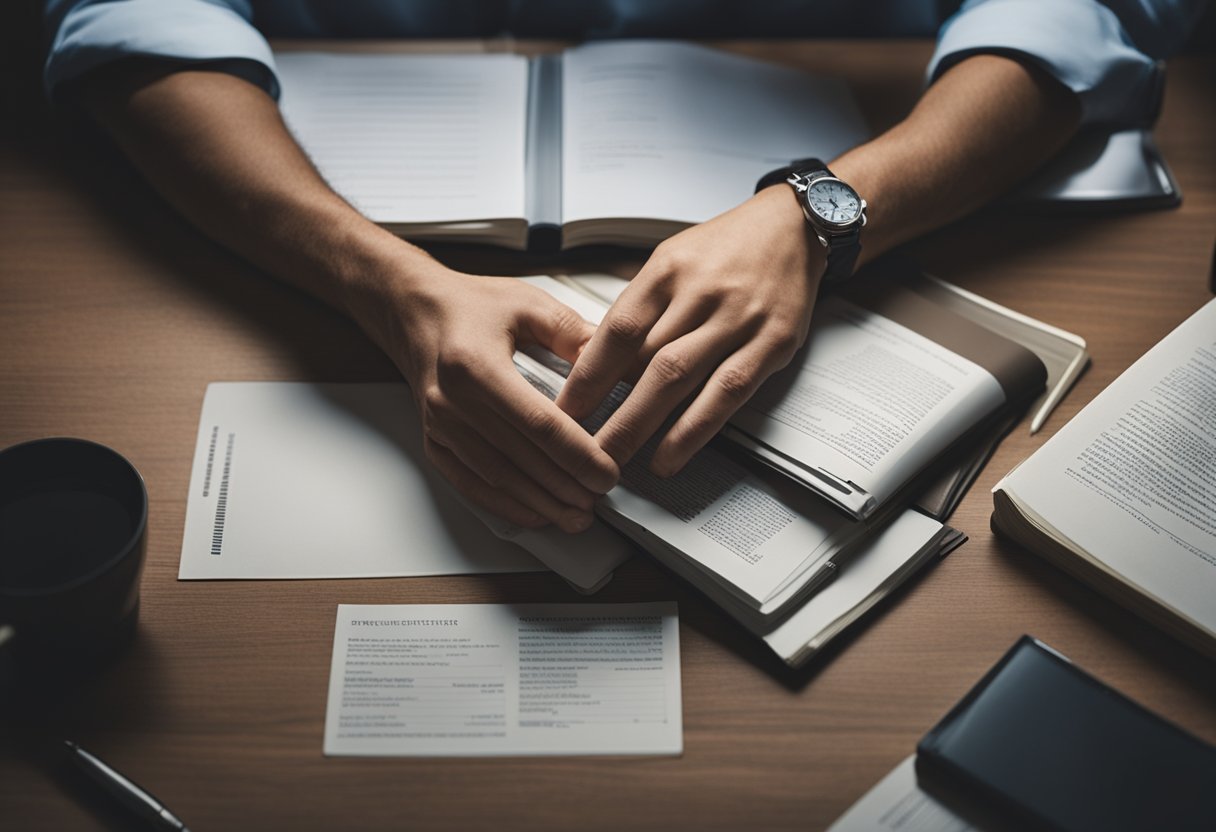 A person sitting at a desk, surrounded by medical books and papers, with a concerned expression, rubbing their hands