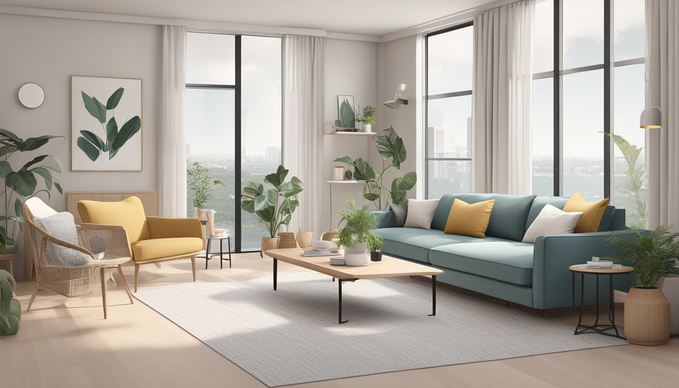 A room with modern, budget-friendly furniture from an online store in Singapore. Clean lines, neutral colors, and simple designs