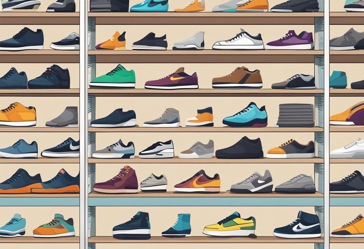 Shoe collection displayed on shelves with a computer showing various online platforms and communities for collectors. Icons of popular websites and social media platforms visible on the screen