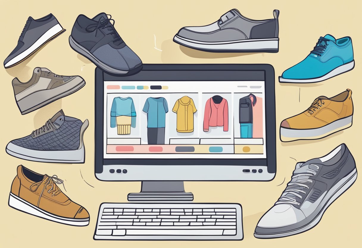 A computer screen displaying various online shoe platforms and communities, with shoes of different styles and brands being discussed and shared