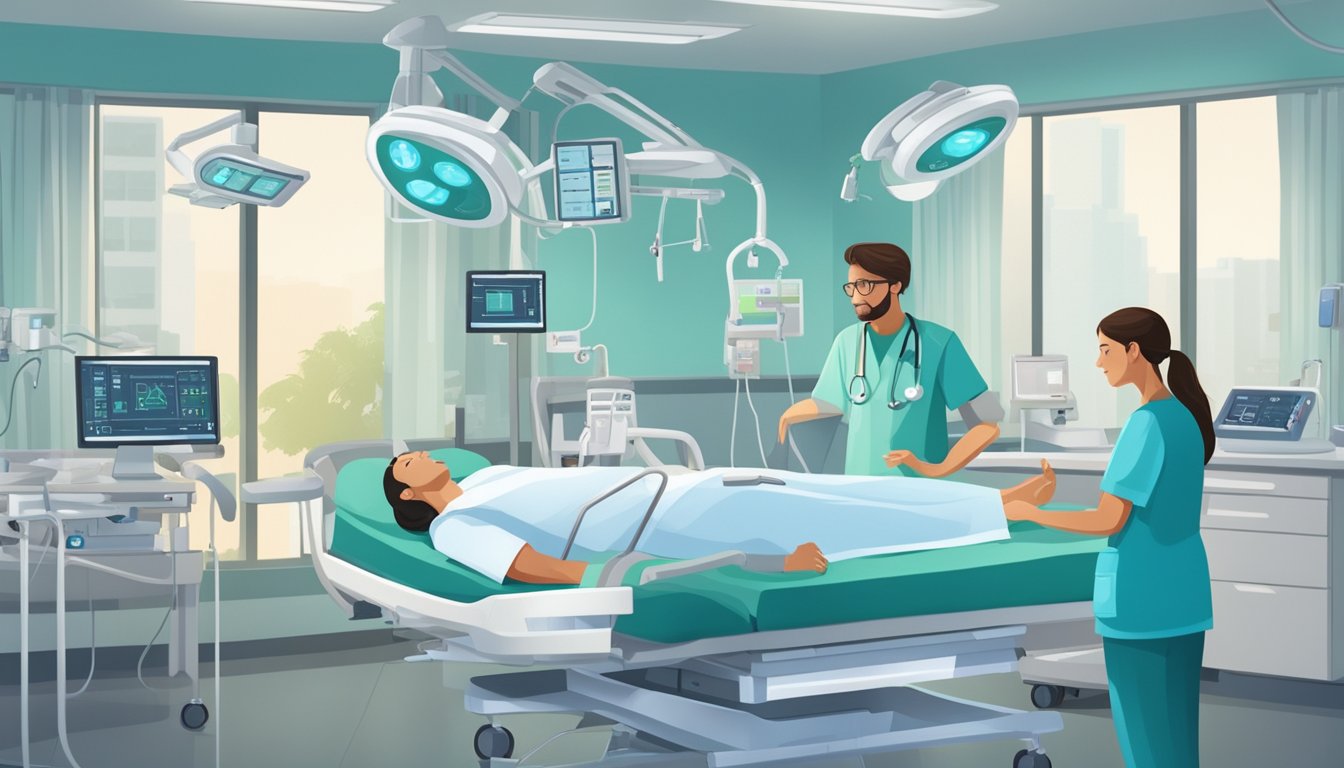 A patient lying on a hospital bed, surrounded by medical equipment, with a doctor and nurse discussing treatment options for acute coronary syndromes