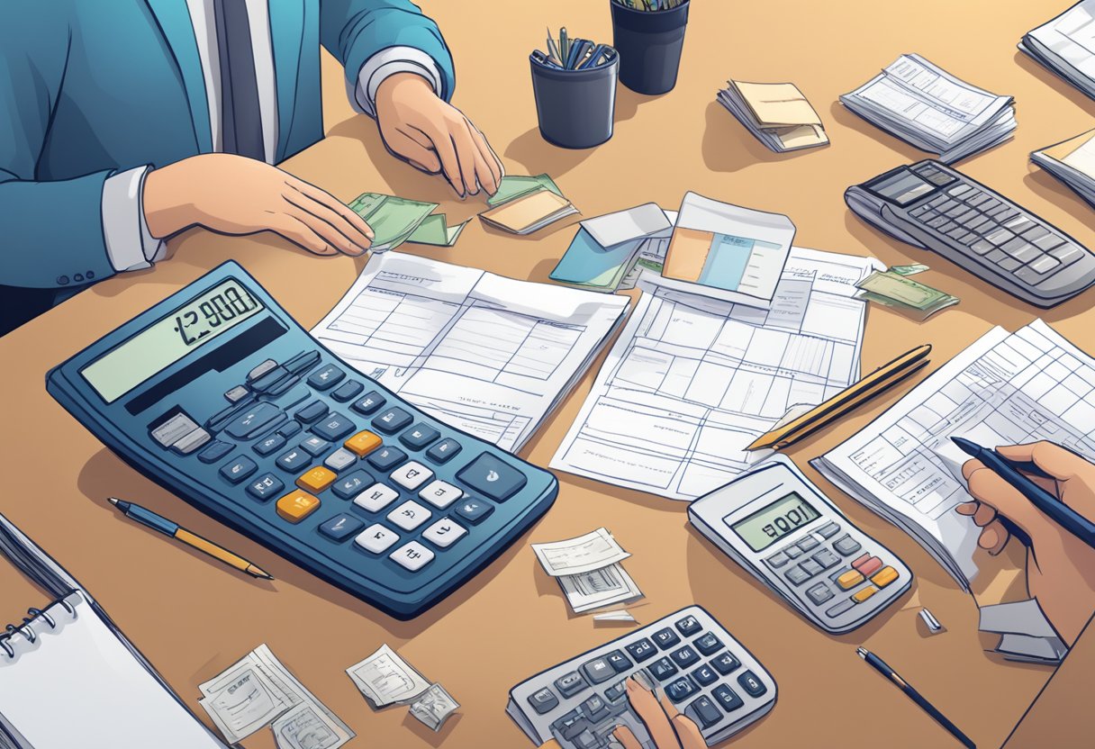 A person sits at a desk with a calculator, budgeting and managing expenses for a shoe collection. Receipts and a notebook are scattered across the desk