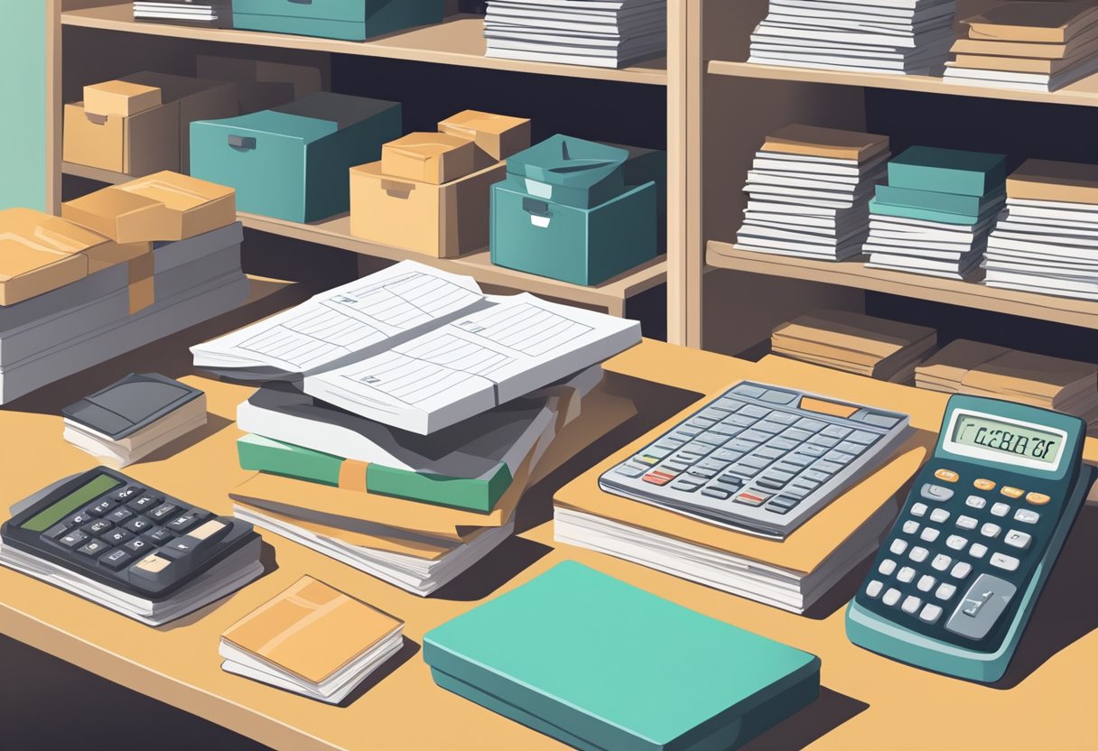 A table with a budget spreadsheet, a stack of shoeboxes, and a calculator. A person organizing and categorizing expenses for their shoe collection