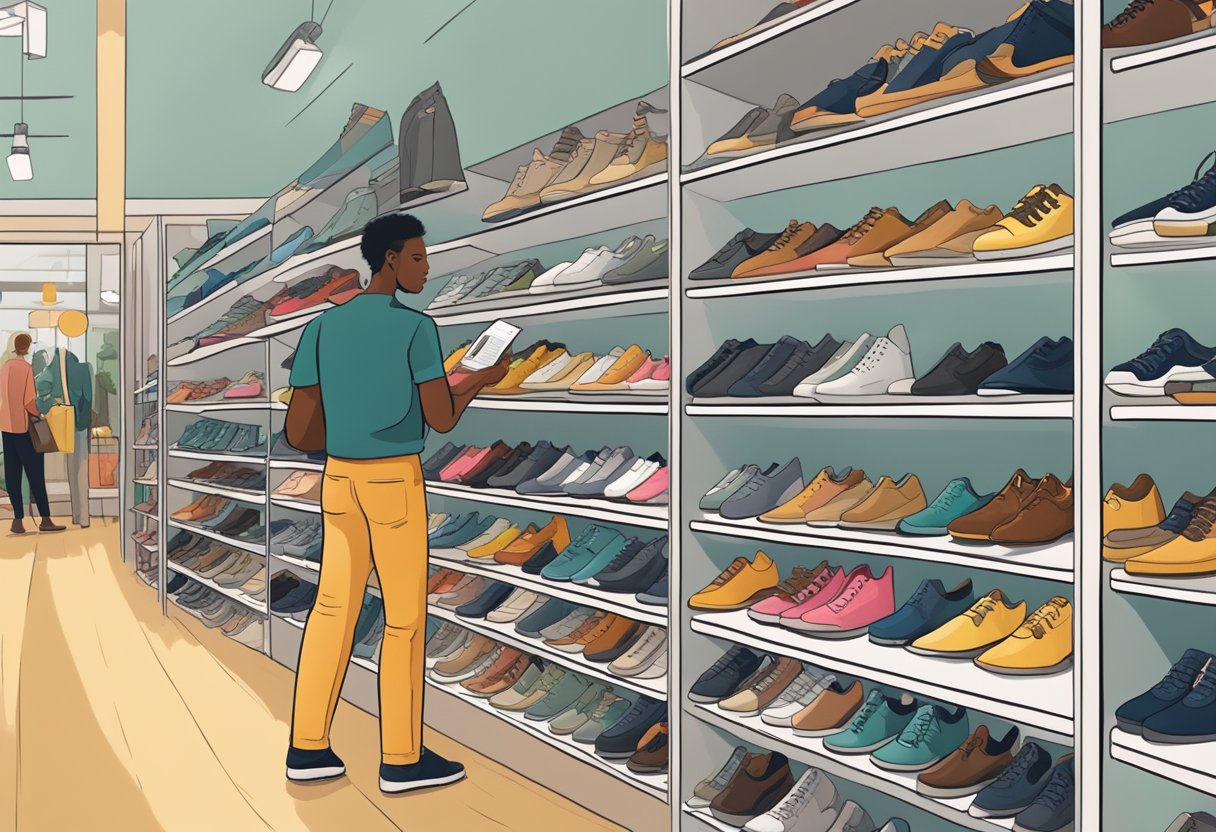 A diverse array of shoes neatly organized on shelves, with price tags clearly displayed. A shopper carefully comparing prices and styles, while holding a budgeting notebook