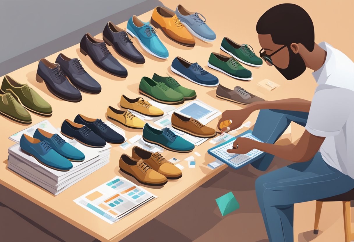 A person organizes and updates a budget for their shoe collection, adjusting expenses over time