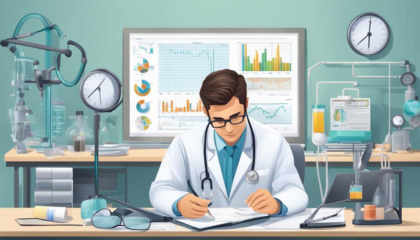 A cardiologist analyzing test results, surrounded by medical equipment and charts