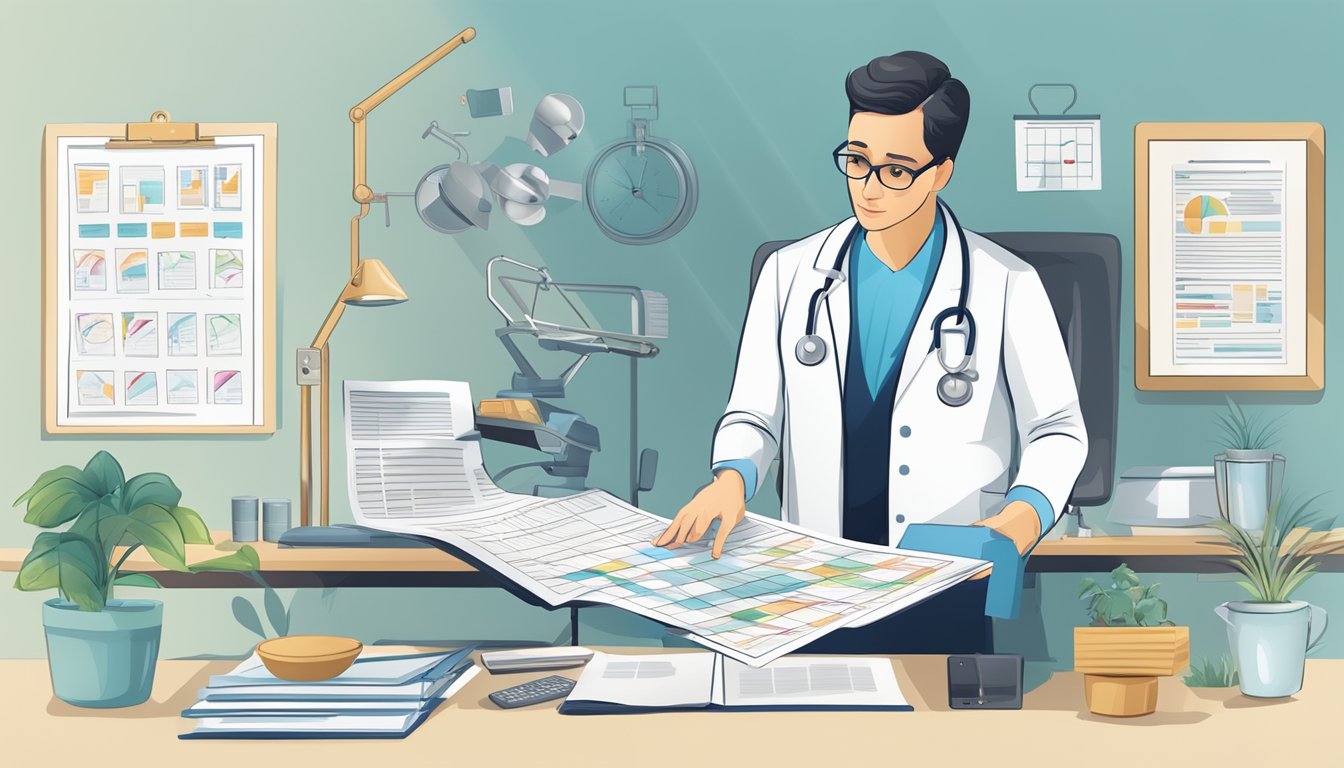 A doctor reviewing patient charts with various comorbidities and factors