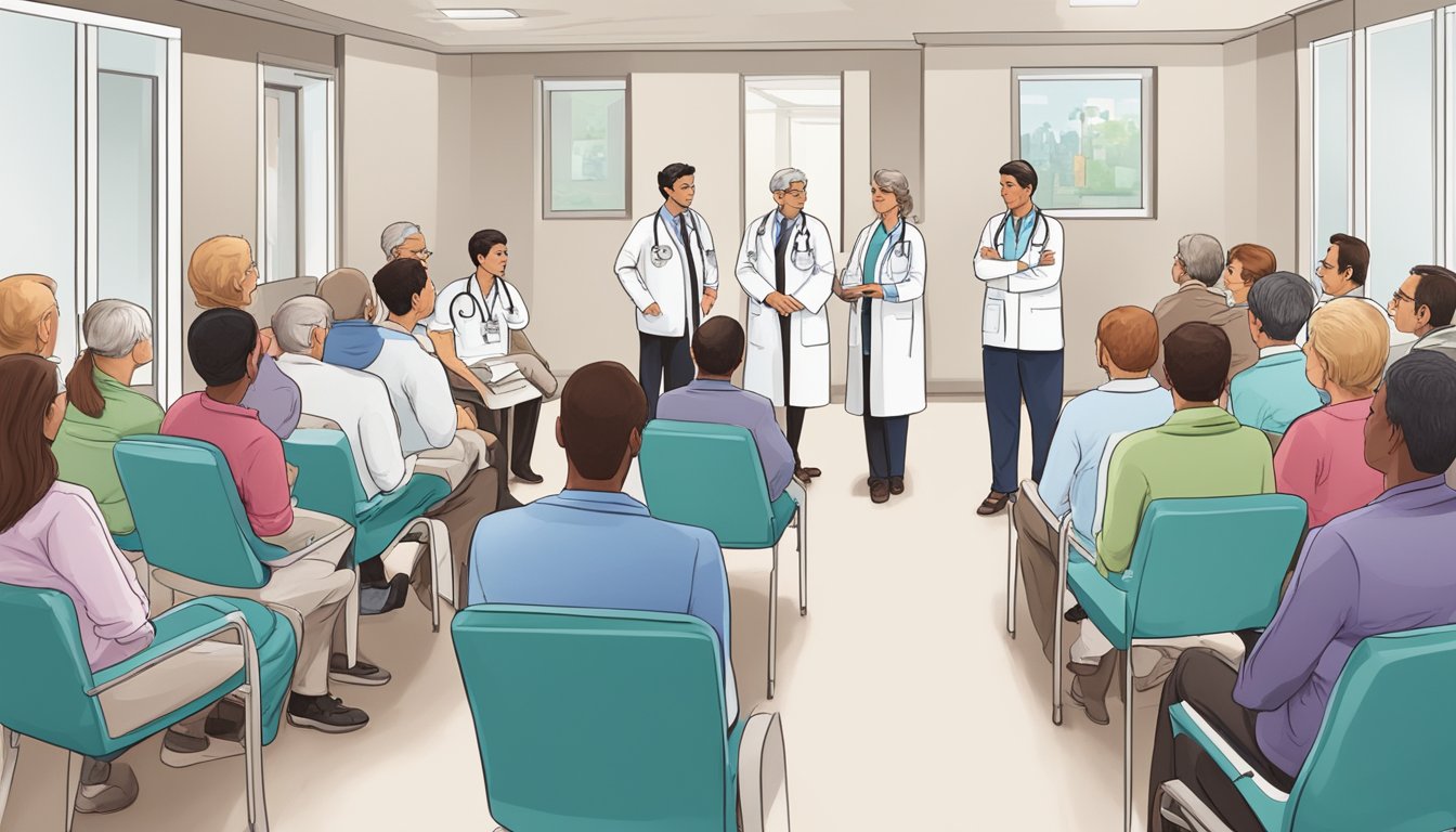 A doctor explaining heart procedures to a group of patients in a clinic waiting room