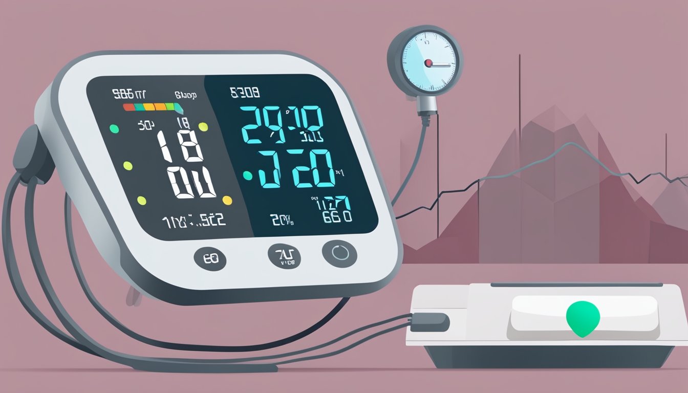 A blood pressure monitor beeping rapidly next to a heart rate monitor showing high numbers