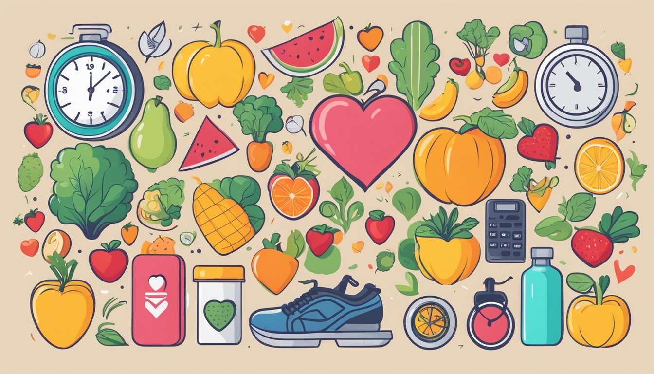 A heart surrounded by healthy lifestyle symbols - fruits, vegetables, exercise equipment, and a heart rate monitor
