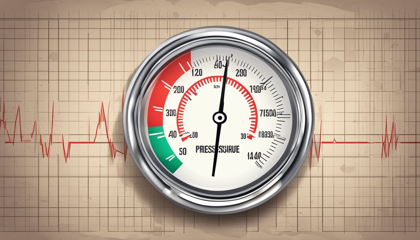 Blood pressure gauge spikes during heart attack. Illustrate gauge with high reading, red color, and distressed background