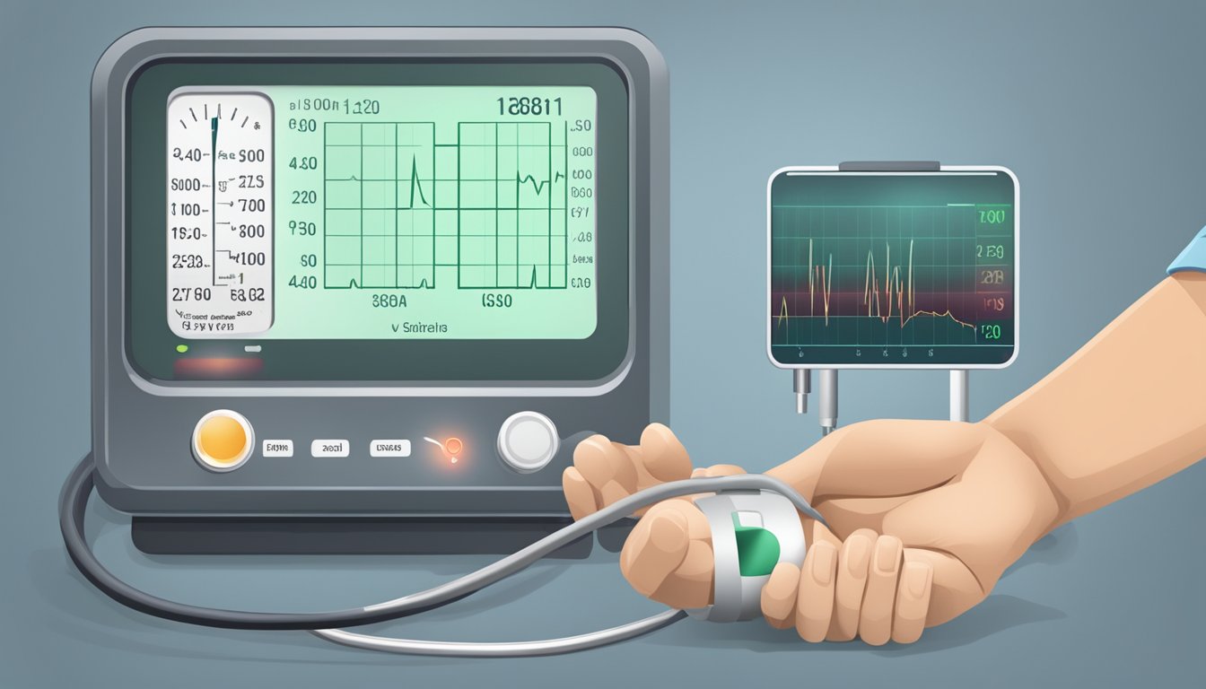 A monitor displays elevated blood pressure readings during a heart attack