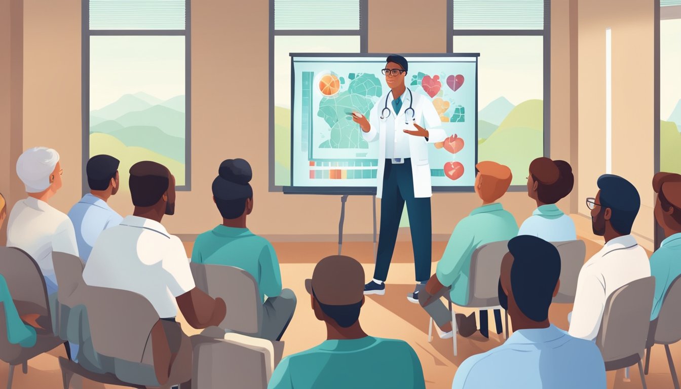 A doctor explaining heart health tips to a group of attentive listeners